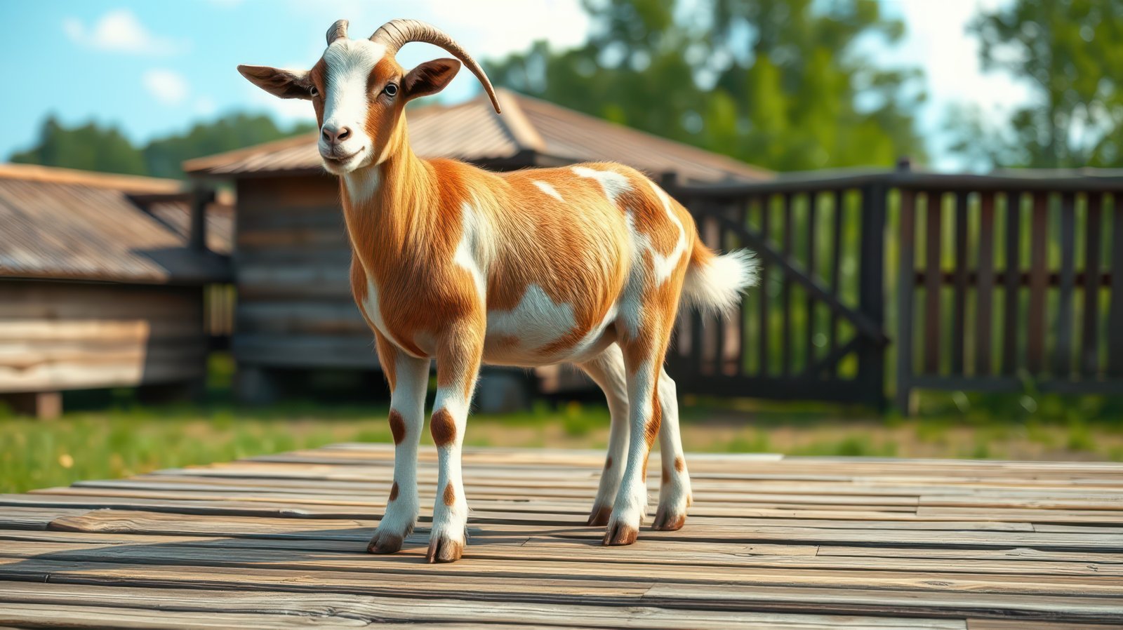 Goat standing on wooden platform in a rural setting during bright sunny day